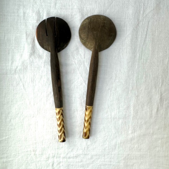 Vintage Salad Servers Wooden Serving Spoon Fork Set Decorative Inlay African - Picture 5 of 9